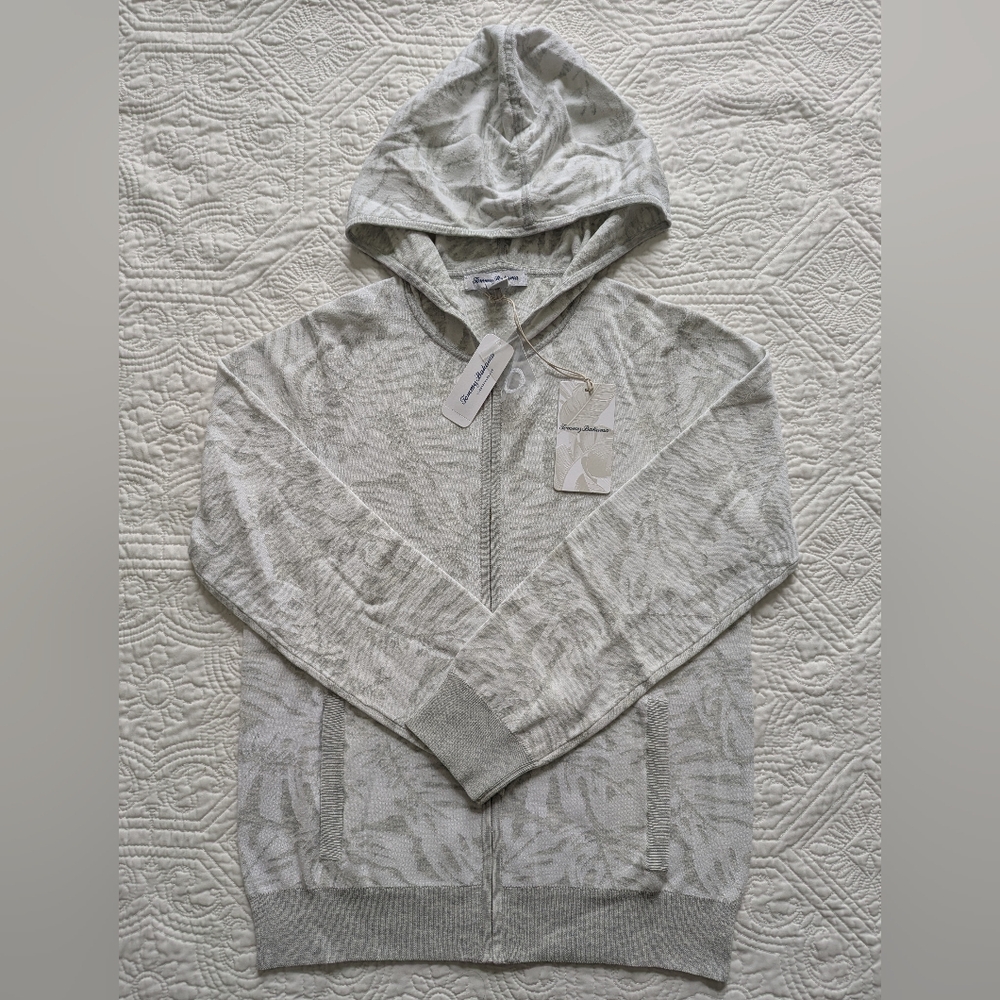 Tommy Bahama Gray Leaf Print Zip Up Hoodie W/ Pockets